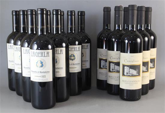 Ten bottles of Lagerla Brunello Di Montalcino, 2001 and six bottles of Camigliano Brunello Di Montalcino, 2001.